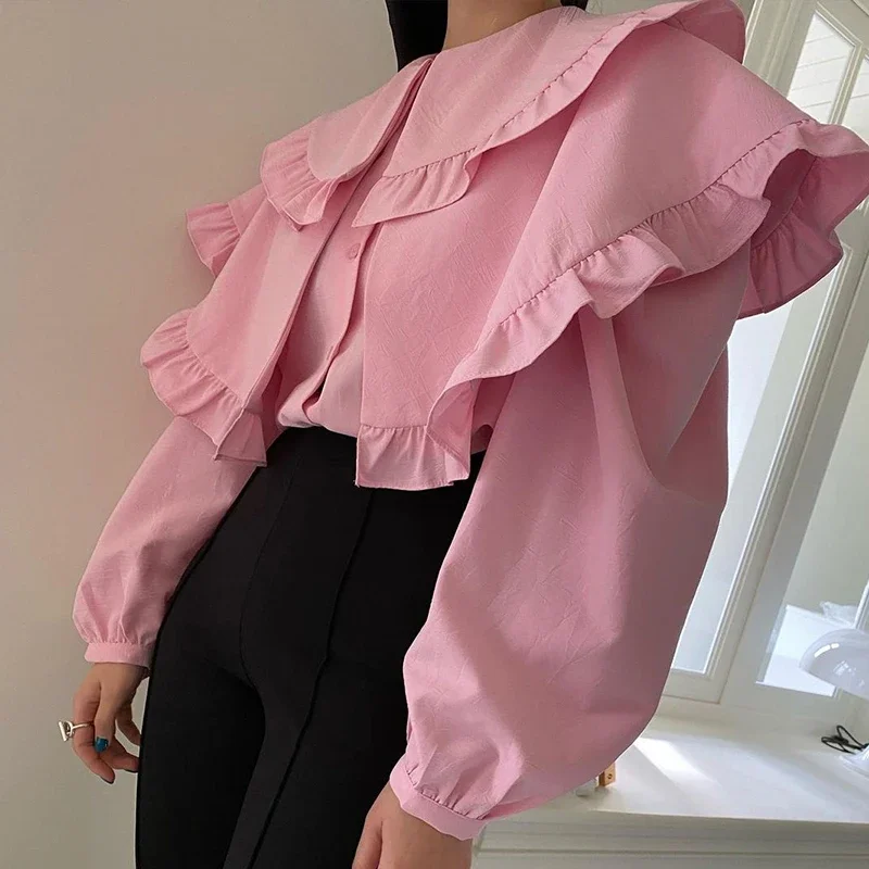 Ezgaga Sweet Pink Shirt Women Loose Long Sleeve Solid Ruffles Lapel Spring New Korean Chic Ladies Tops Elegant Fashion Blouses