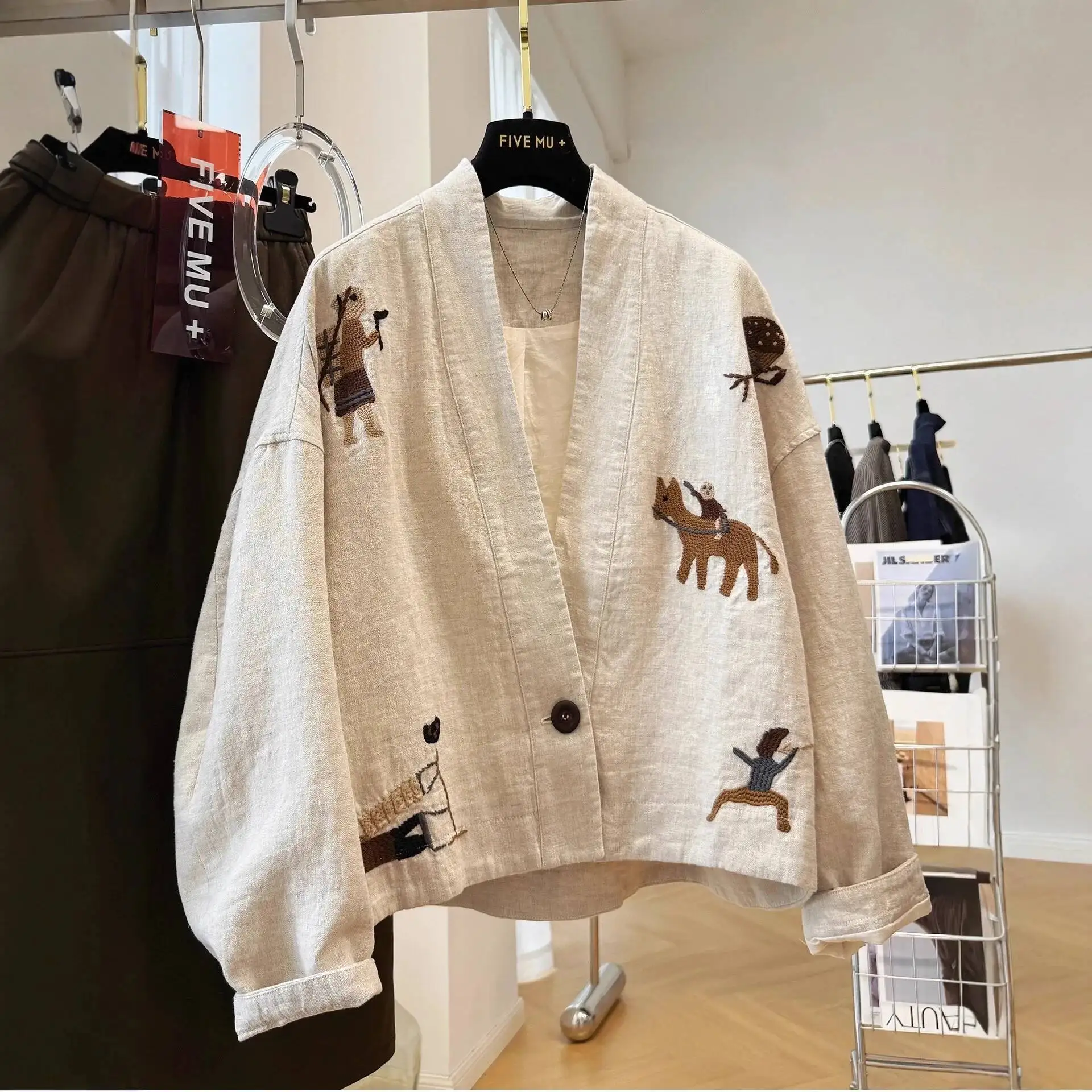 

Elegant Embroidered Cotton Linen Short Jacket V-Neck Women's Autumn Coat Unique Stylish Design High-End Feel Full Sleeve Loose F