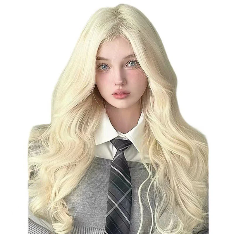 Woman Center Parting Long Curly Hair Lady Daily Clothing Fashion Match Eight Character Bangs Long Hair Ball Headwear Golden Wig