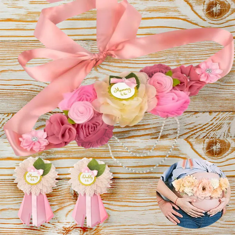 

Mom to Be Photo Prop Set - Floral Sash Belt & Corsage Pins for Pregnancy Photography, Baby Shower Gift & Gender Neutral Keepsake