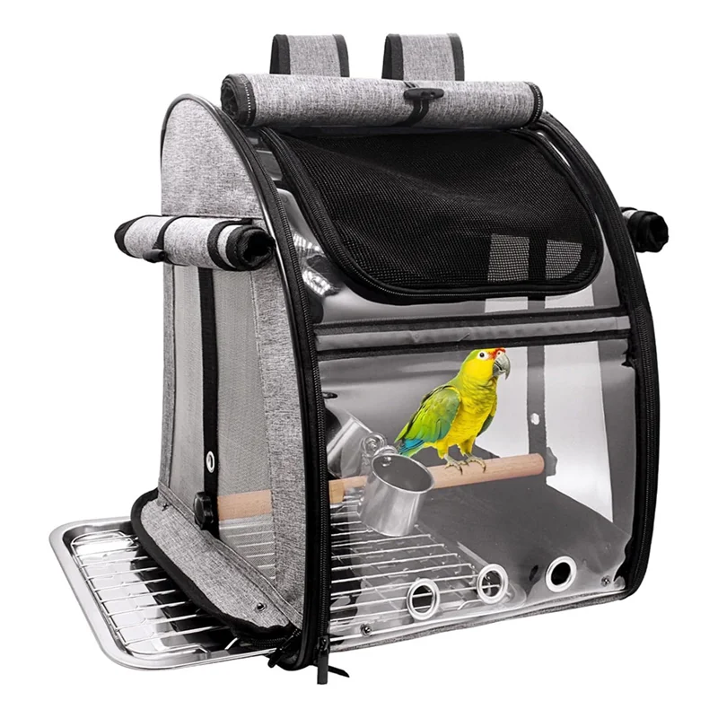

A88E-Bird Carrier Bag With Perch, Portable Transparent Travel Bag With Stainless Steel Plate And Mesh, Bird Backpack
