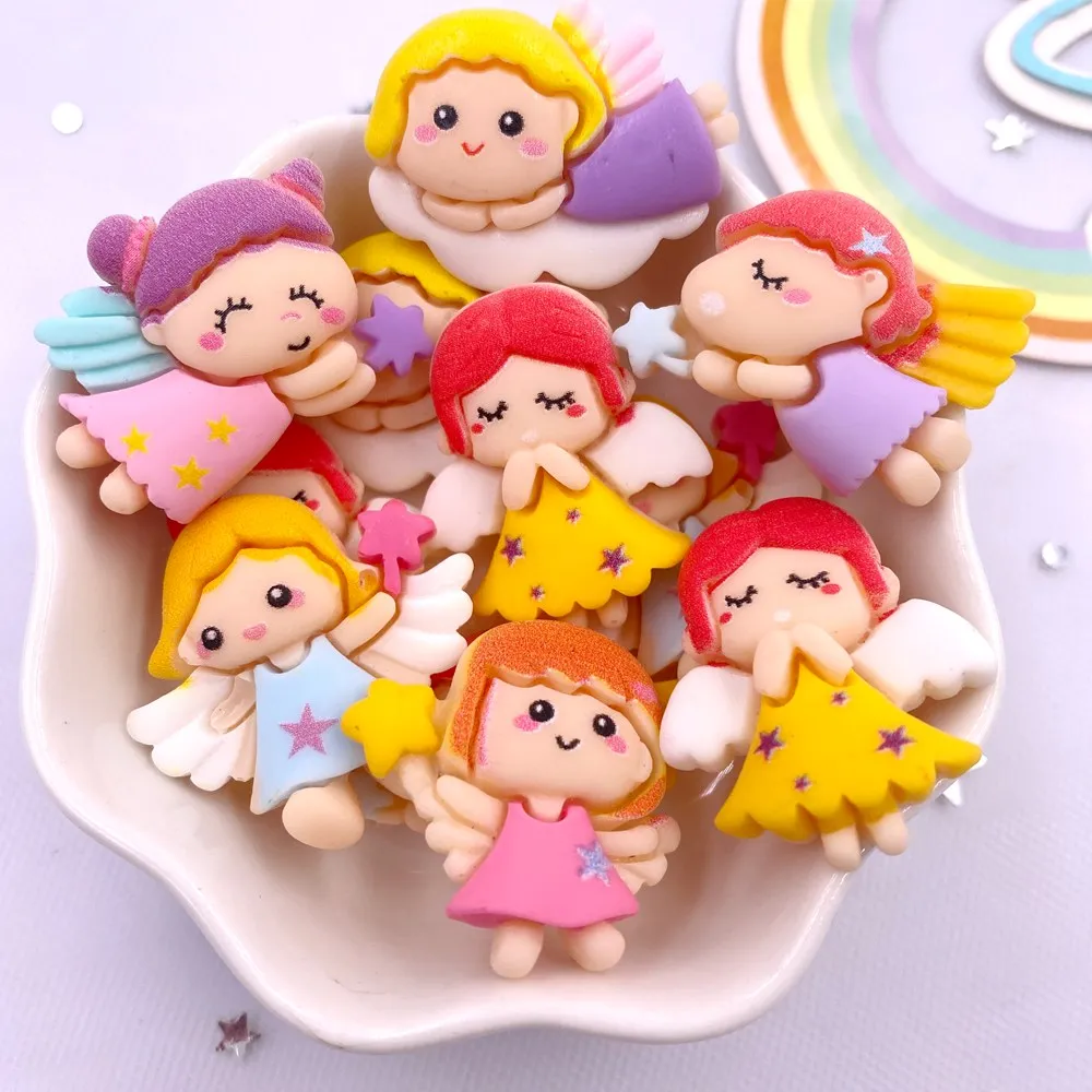 Painted Resin Kawaii Colorful Magic Stick Fairy Princess Girl Back Flatback Stone Figurine 10PCS Scrapbook DIY Decor Crafts OM40