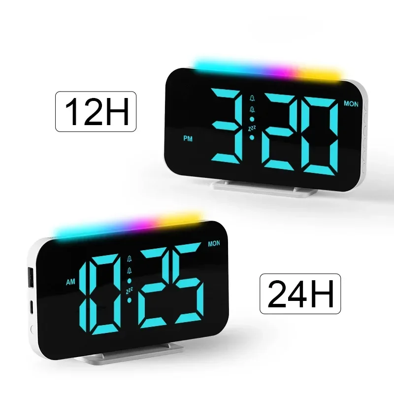 12H/24H Digital LED Clock Three levels of volume Dual Alarm Clock with RGB 10 Night Light 5 Levels Brightness USB Output Port