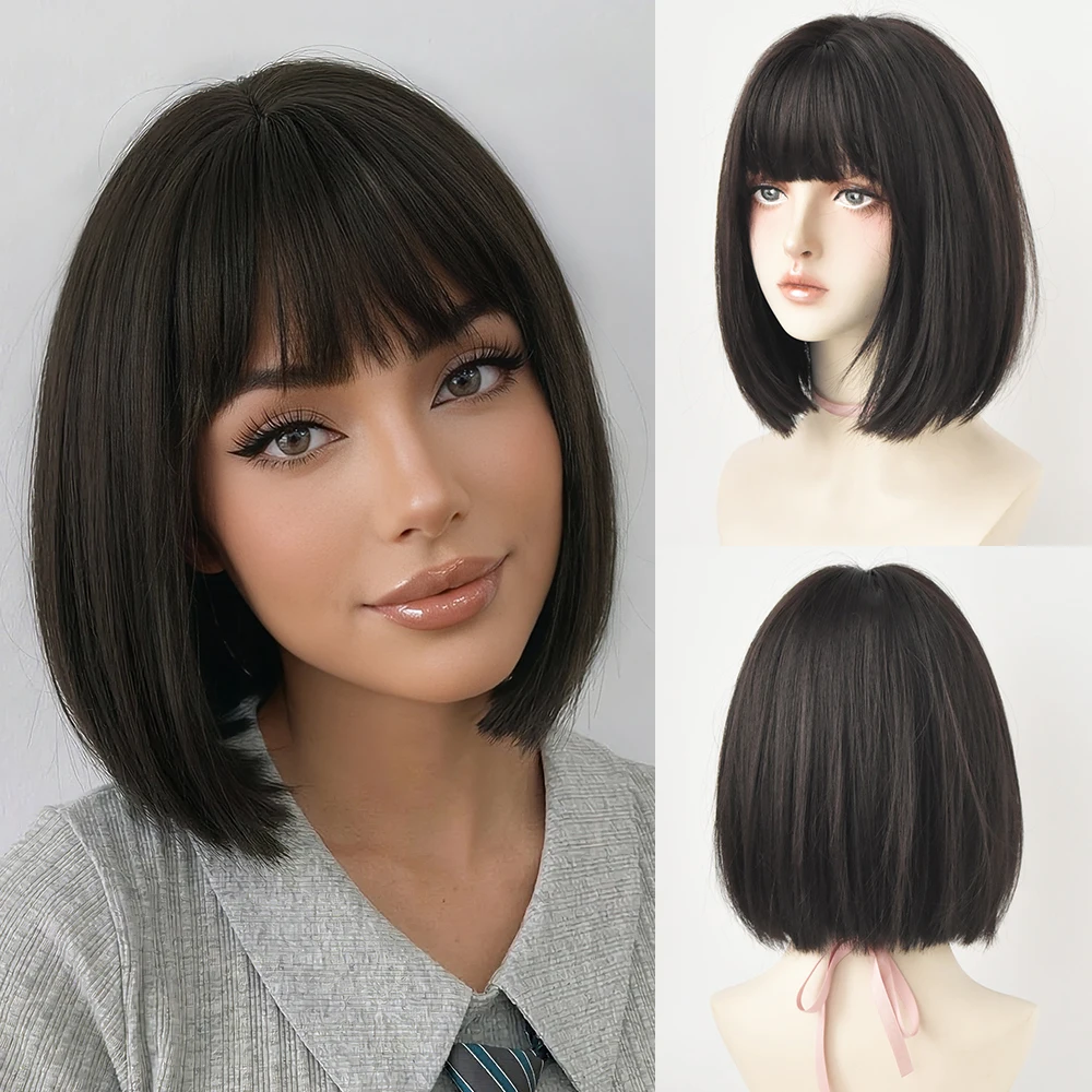 

Black Short Bob Wigs with Bangs for Women Natural Straight Synthetic Hair Heat Resistant Daily Wear Cosplay Party Wig