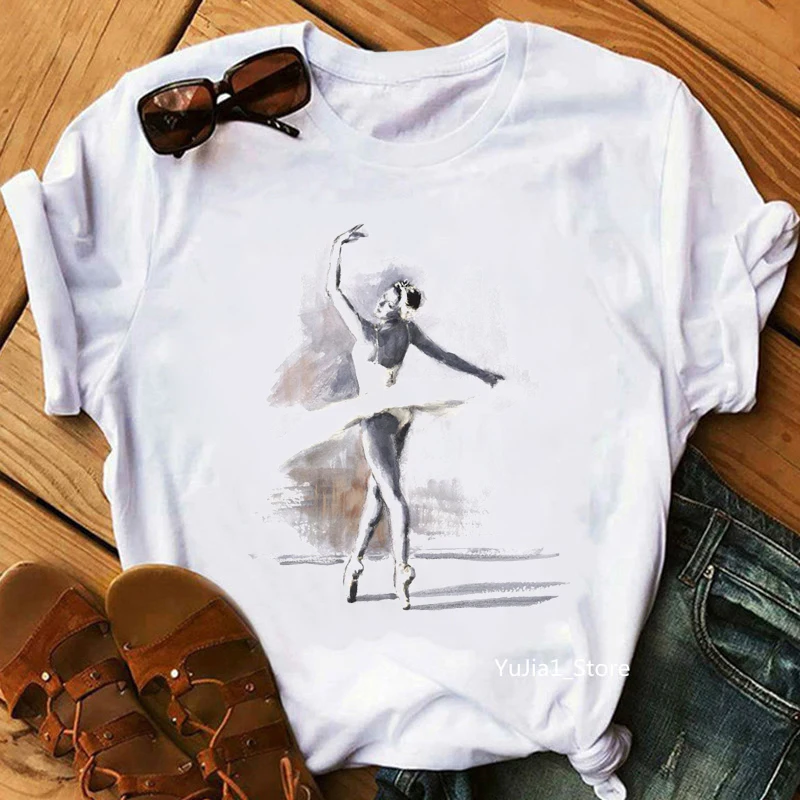 Vintage Women\'S T-Shirt Watercolor Ballerina Dancer Print Tshirt Femme Aesthetic Clothes Summer Fashion Short Sleeve T Shirt