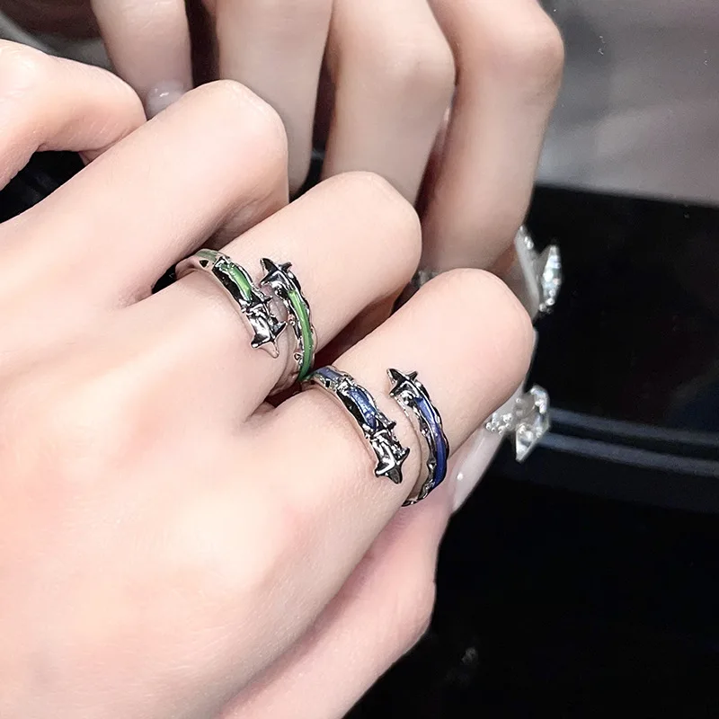 Fashion Blue Green Dropping Oil Star Ring Shining Sweet Cool Fashion Personality Birthday Ring Party Jewelry Accessories