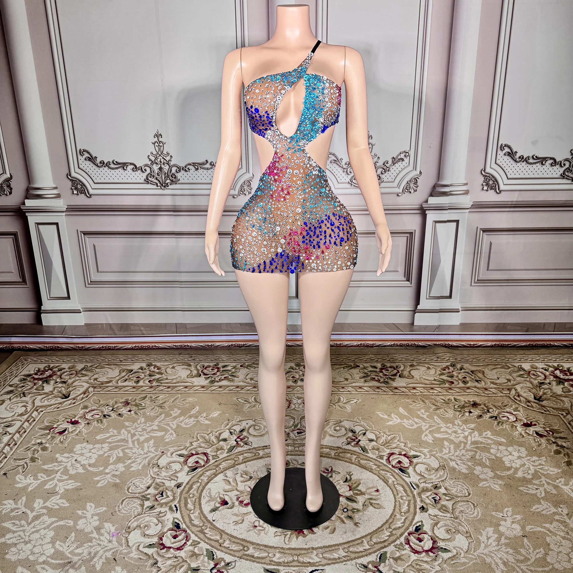 ZD Hot Selling Bodycon Mini-jurk Strass Sheer Backless voor Nachtclub Strandfestivals Natuurlijke Sexy Club Feestjurk