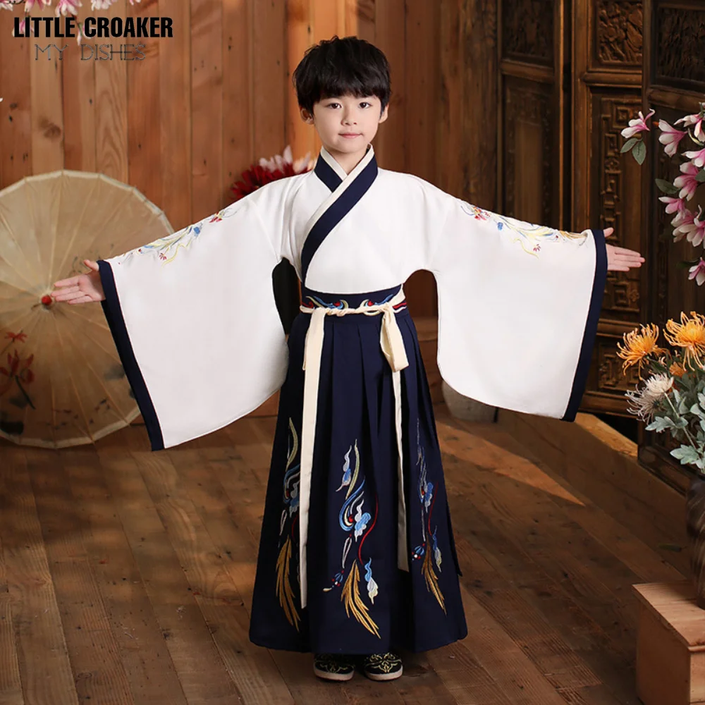 Halloween Chinese Children Team Dance Costumes for Boys Traditional Kids Autumn Hanfu Tang Suit Stage Performance Kimono Skirts