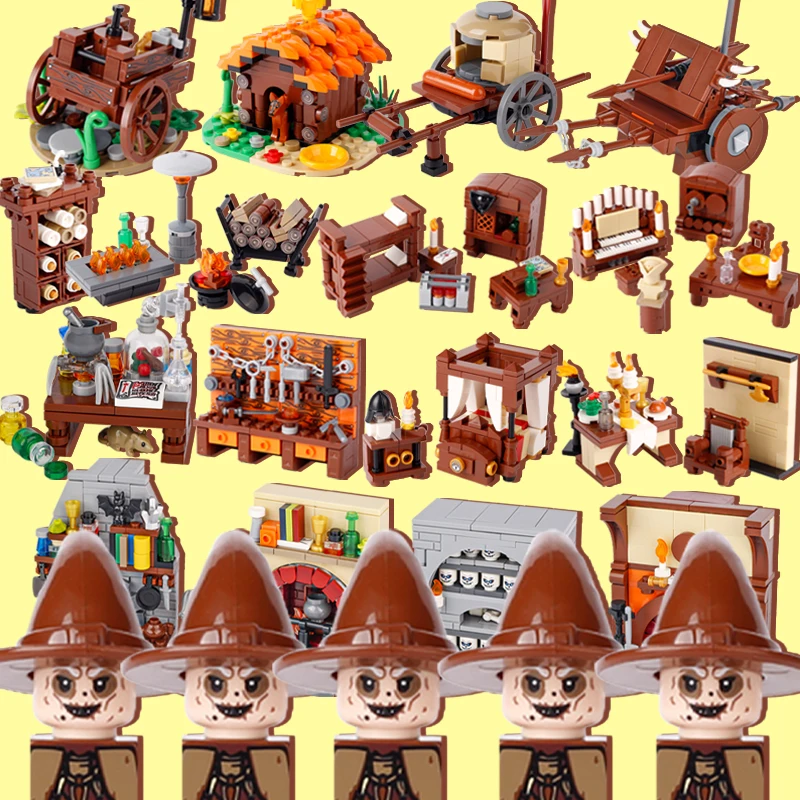 MOC Medieval Castle House Furniture Building Blocks Bedroom Kitchen Witch Wizard Figures Throne Knight Weapons Horse Bricks Toys