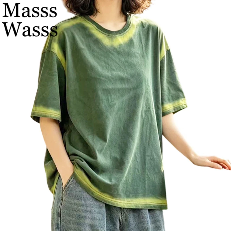 Masss Wasss 2026 British Design Vintage Tee Shirts Womens Fashion Classic O Neck Tops Ladies Summer Causal Loose Elegant Clothes