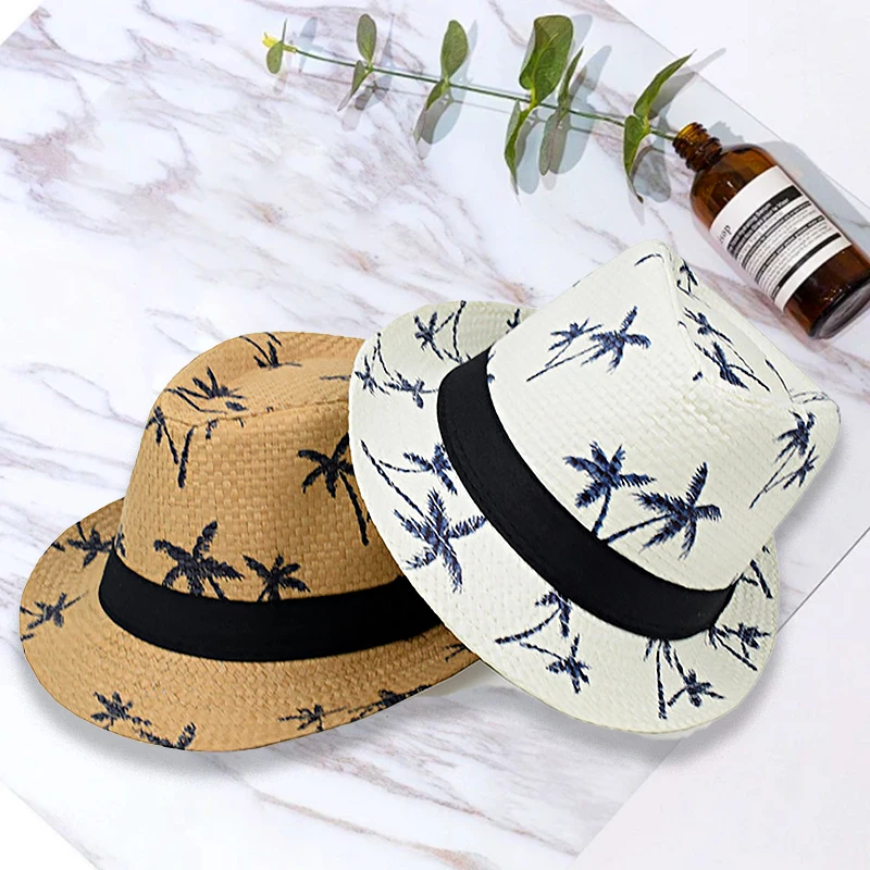 

Fashion Top Hat Men's Small Brimmed Straw Hat Jazz Hat Summer Grass Woven Sun Shading Coconut Tree Printed Beach Sun Hat Headwea