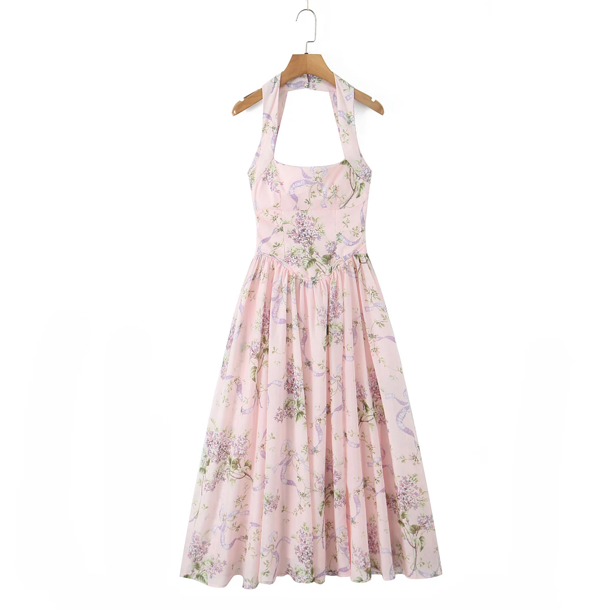 2025 Sexy Roze Bloemenprint Hollow Out Backless Sling Jurk Vrouwen Lage Taille Vouw Swing Midi Lange Uitgesneden Tank Jurken femme Gewaad