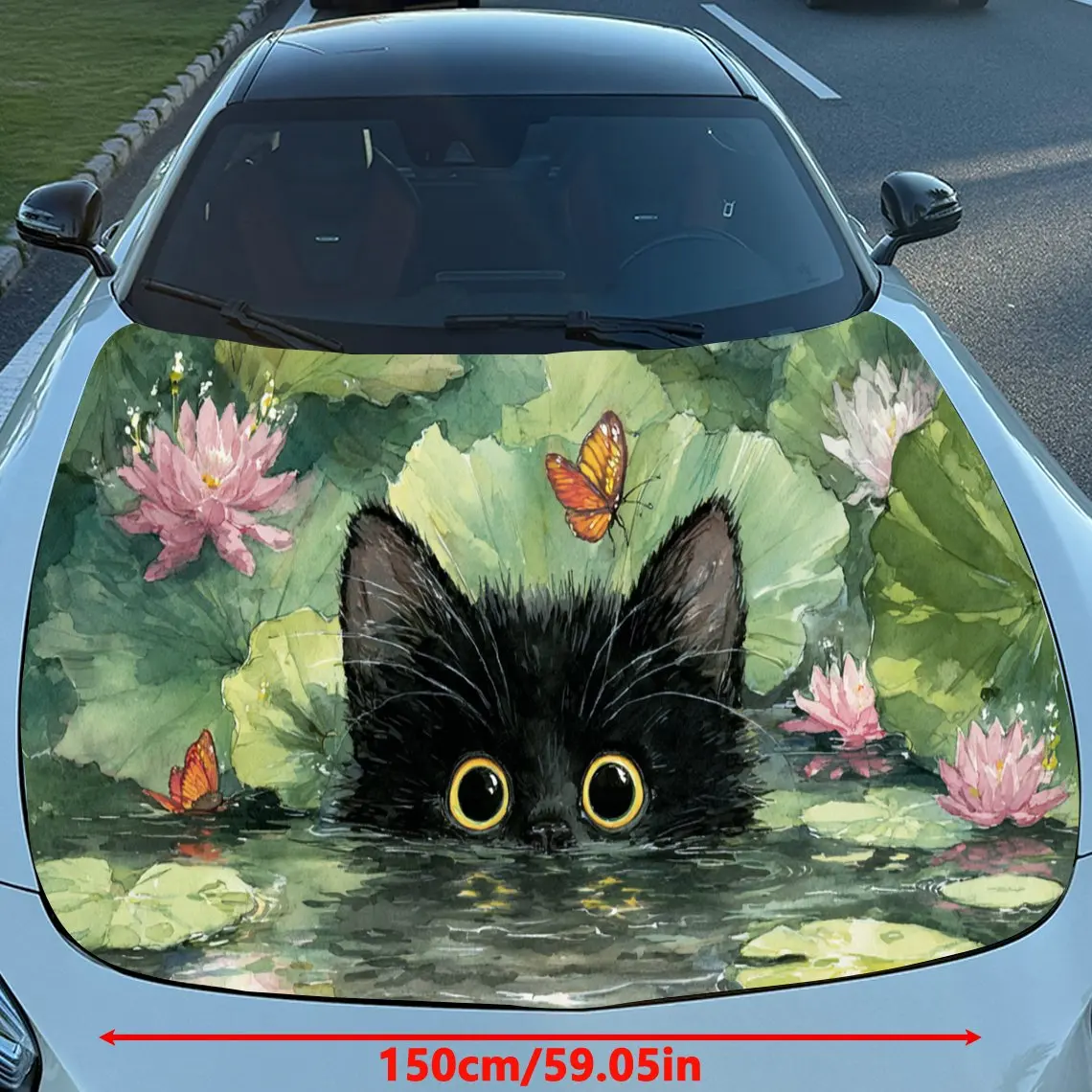 Adorable Black Cat in Pond PVC Car Engine Hood Vinyl Wraps, Self-Adhesive Waterproof Car Hood Decal Sticker, Car Decoration Prot