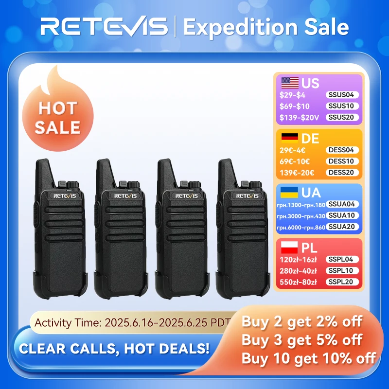 

мини рация 4 6 10 шт в комплекте Retevis RT622 рации портативная радиостанция PMR VOX USB-зарядка с русскими голосовыми подсказками для ресторана гостиницы кофейни охоты