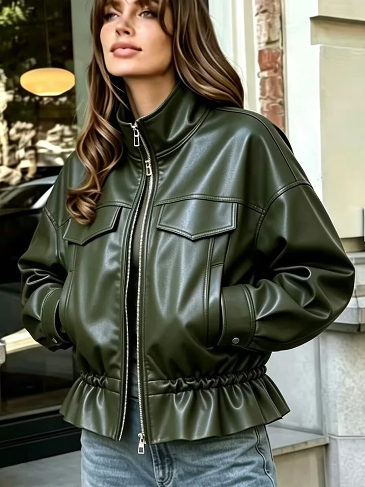 Women Faux Leather Jacket Retro Fashion Zip Chic Coat Fall Winter Street Daily Outerwear Spring Winter Solid Zipper Streetwear