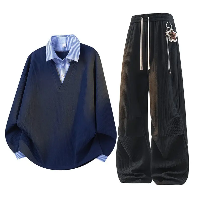 

Новый мужской комплект Весна 2026: Модный свитшот с длинным рукавом и повседневные брюки, комплект из двух предметов с жаккардовым полосатым узором