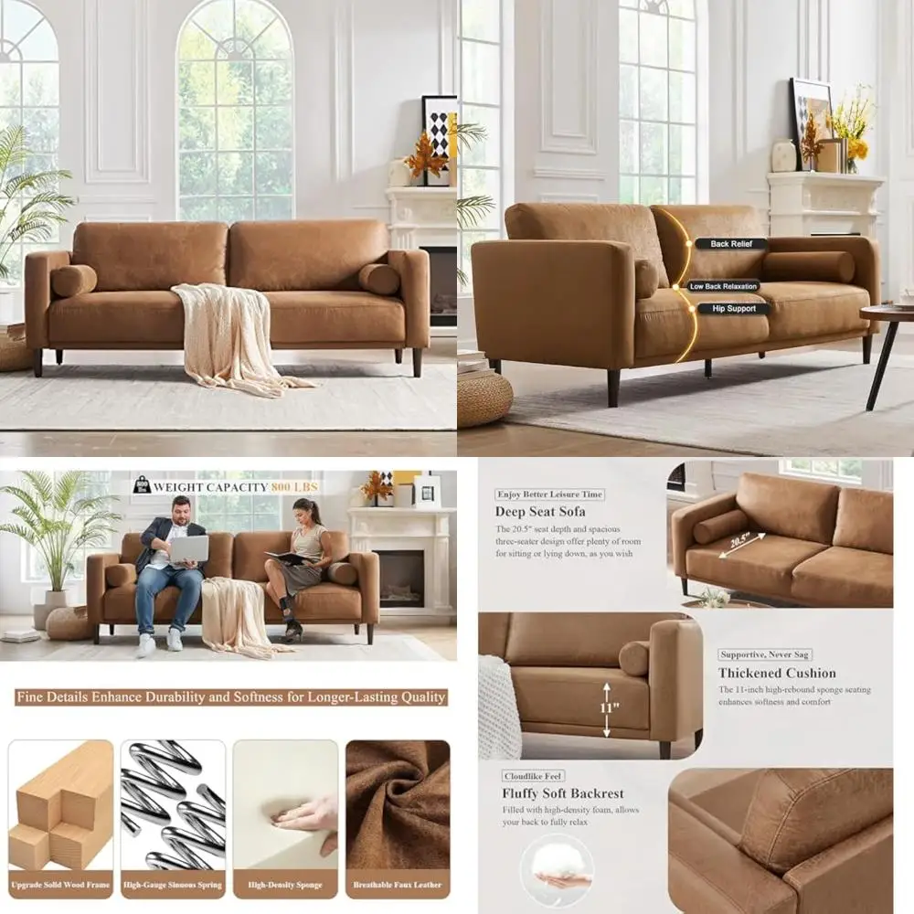 

Mid-Century Modern 79 3-Seat Sofa with Breathable Faux Leather and Upholstered Cushions