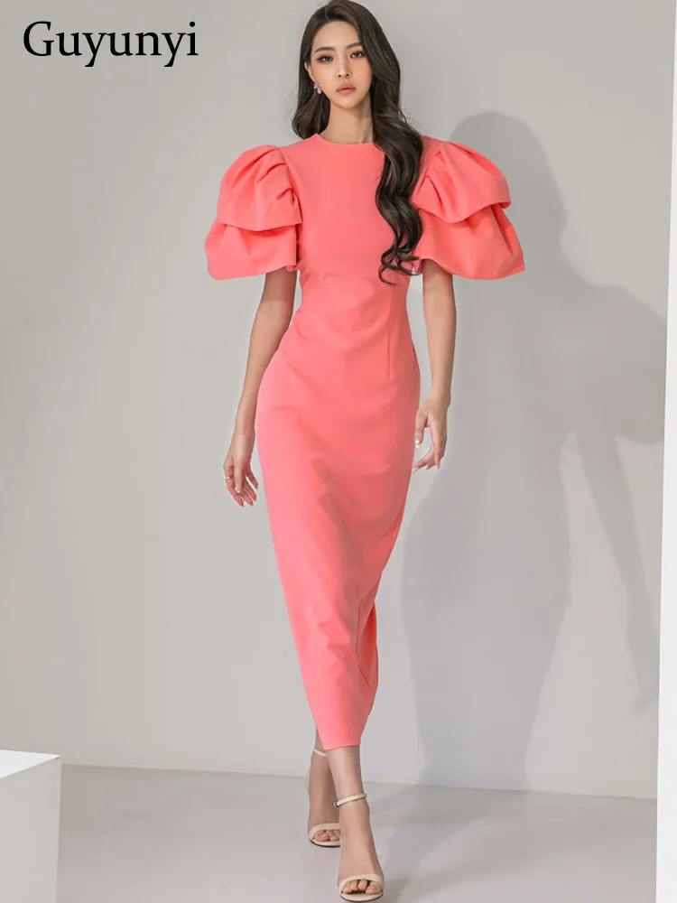 

European Vintage Dress Summer Simple Solid O-Neck Pile Up Sleeves Fashionable Elegant Party Long Women's Dresses