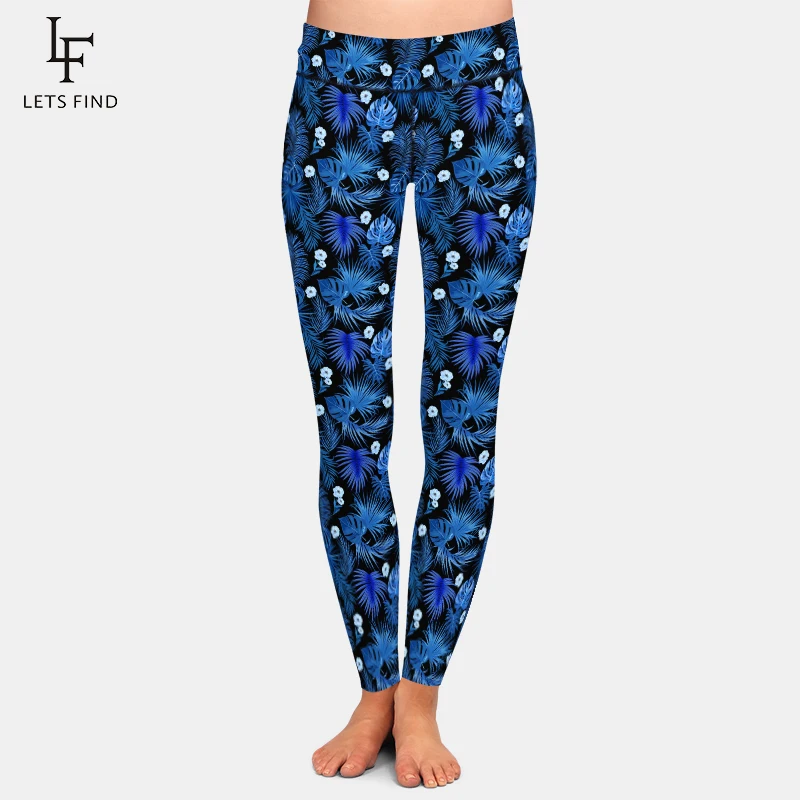LETSFIND High Waist Sexy Women Pants High Quaility 3D Blue Leaves of Palm Tree and Flowers Print Fitness Slim Stretch Leggings