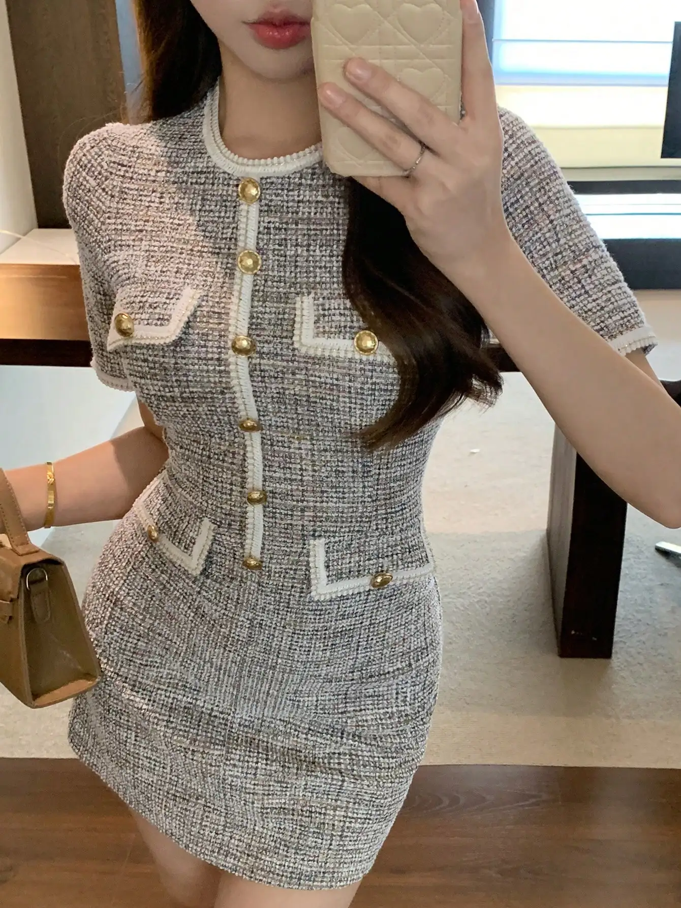 JHJN الزهور الخام تي شيرت فستان جيب زر اللون حجب الزراعة الذاتية نمط اجتماعي جاهزة تنورة قصيرة #4