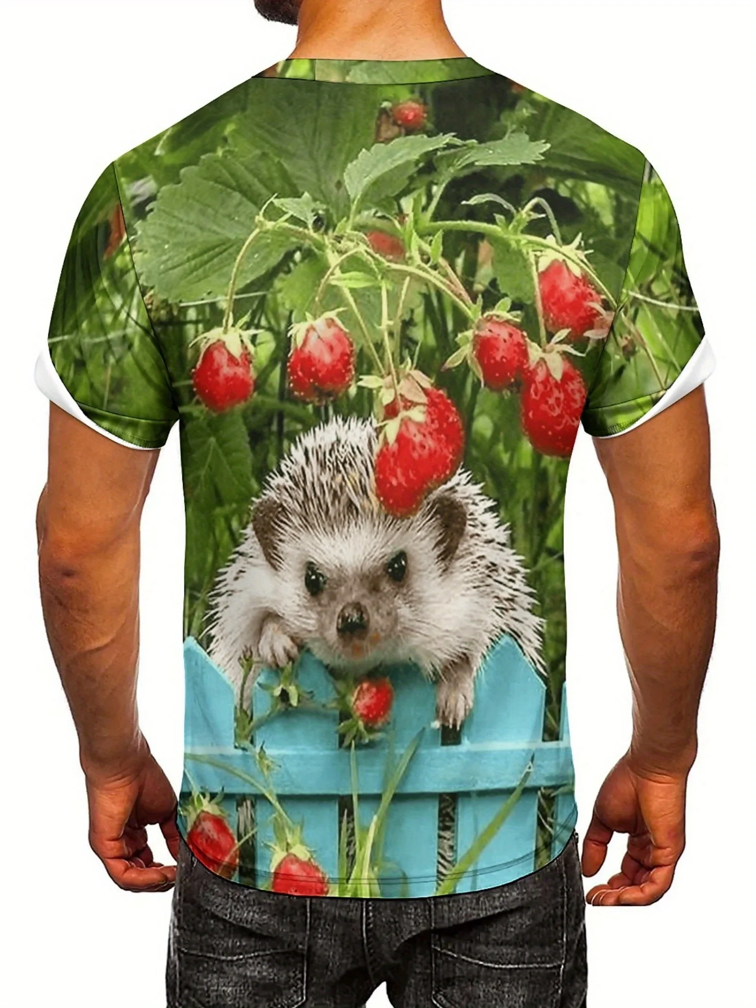 Men's Retro Y2K Geometric 3D Print T-Shirt with Cute Hedgehog & Strawberry Design - Artistic Abstract Pattern, Short Sleeve