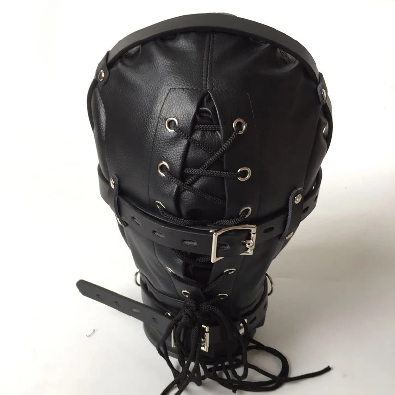 Gothic Soft Leather Open Nose Head Cover Adjustable Lace Up Hood Headgear Full Face Hat Blindfold Breathable Couple Cosplay Prop