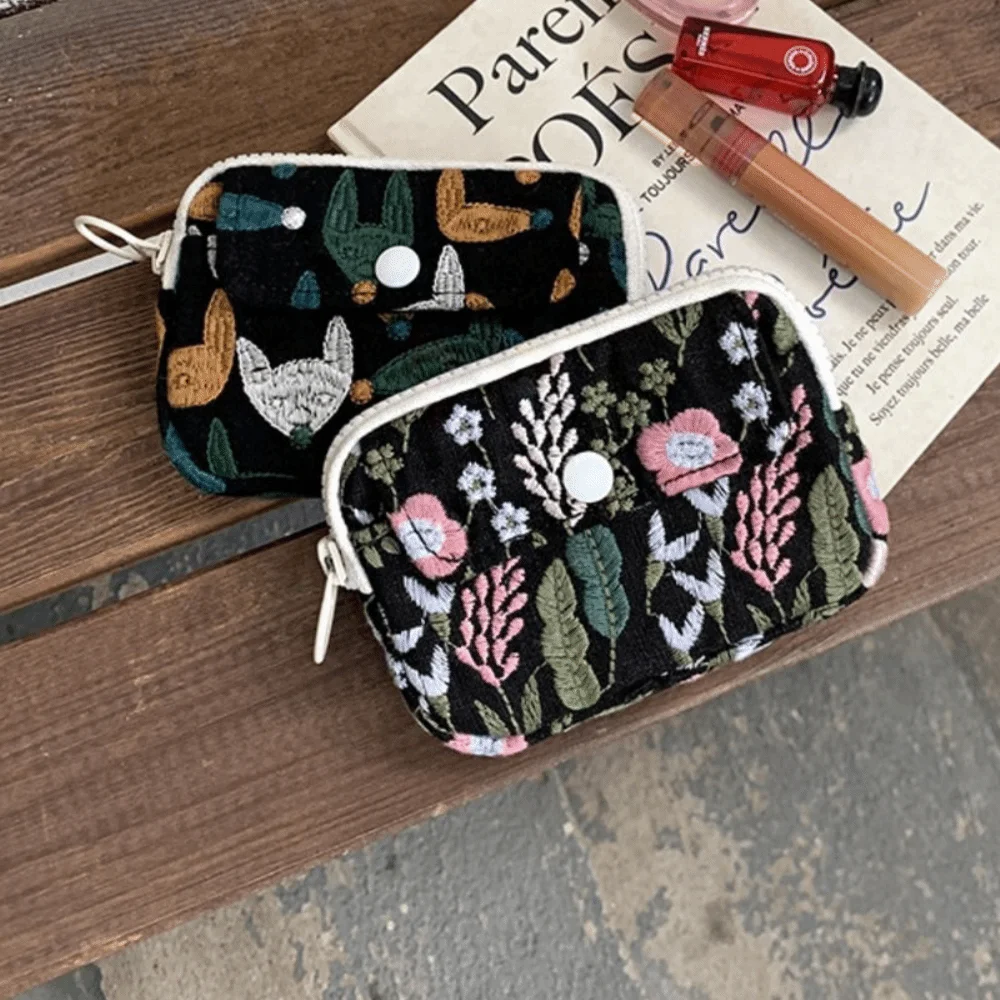 بسيطة لطيف التطريز حقيبة التخزين زهرة القطن الكتان سماعة حقيبة الكورية نمط سستة الحقيبة العرقية نمط محفظة نسائية للعملات المعدنية السفر