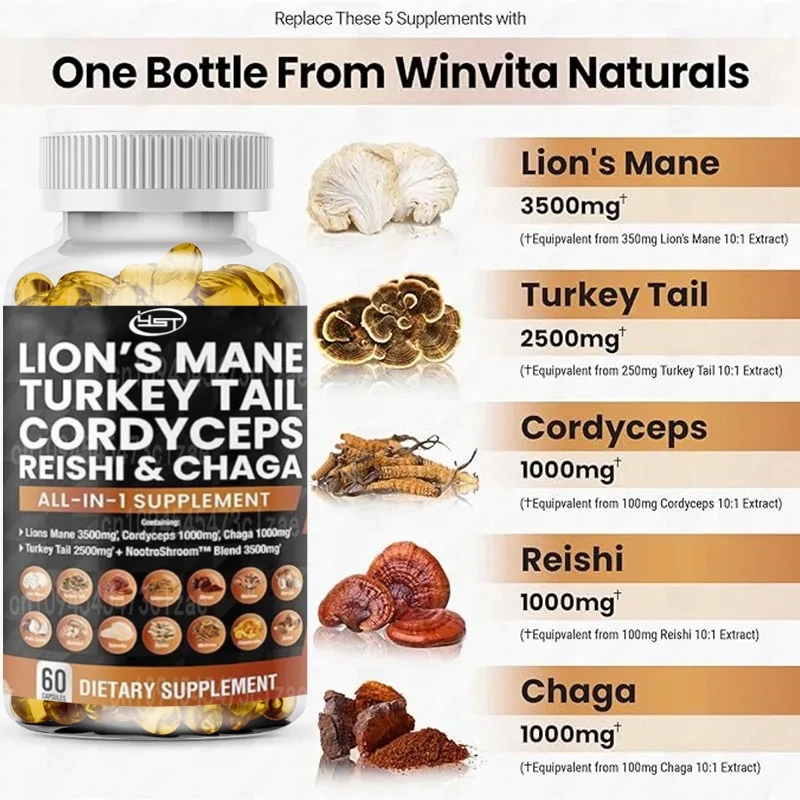 

Грибная добавка Lions Mane содержит турецкий хвост, Ganoderma Lucidum, Cordyceps Sinensis и гриб чаги