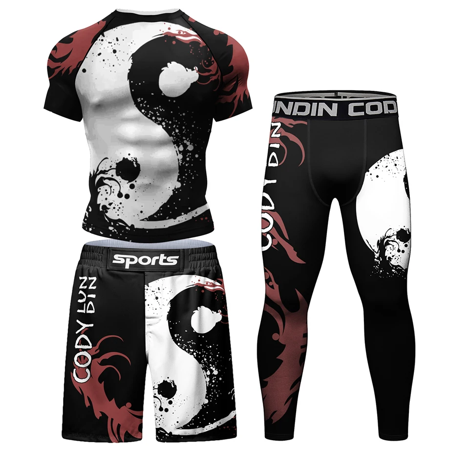 MMA BJJ Rashguard t-shirty + zestaw spodni Jiu Jitsu Rash Guard dres koszulki bokserskie Muay Thai kompresyjne męskie ubrania do kickboxingu