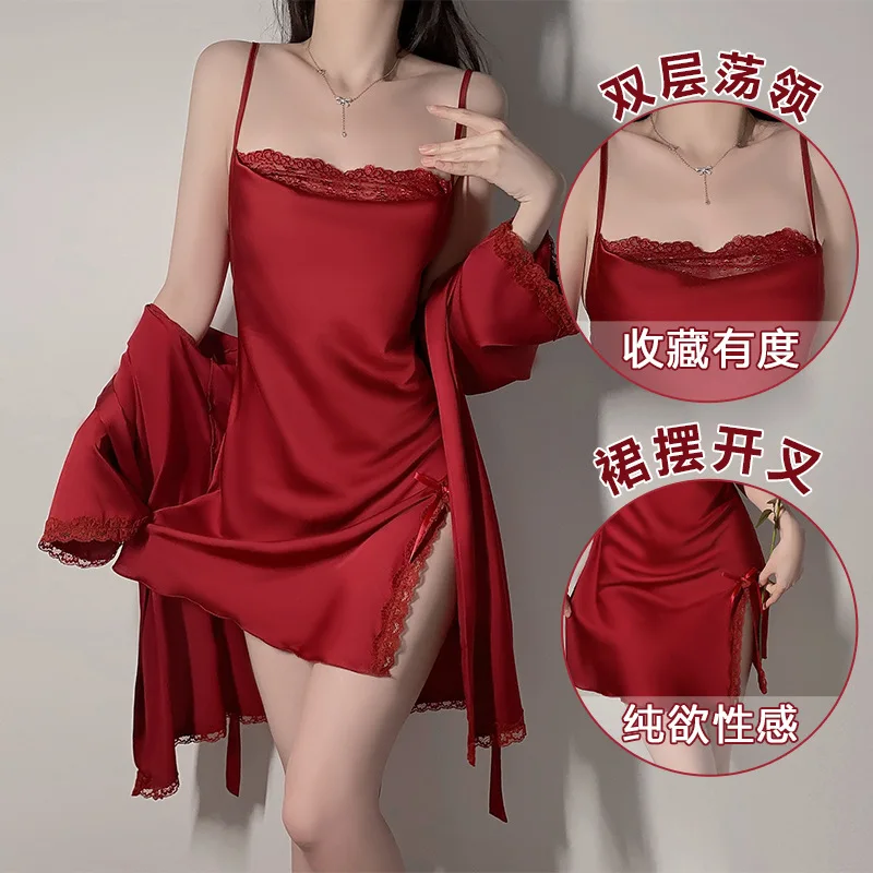 

Женский комплект из 2 предметов, ночная рубашка, летняя женская ночная рубашка, одежда для сна, костюм из атласного кимоно, халат, домашняя одежда