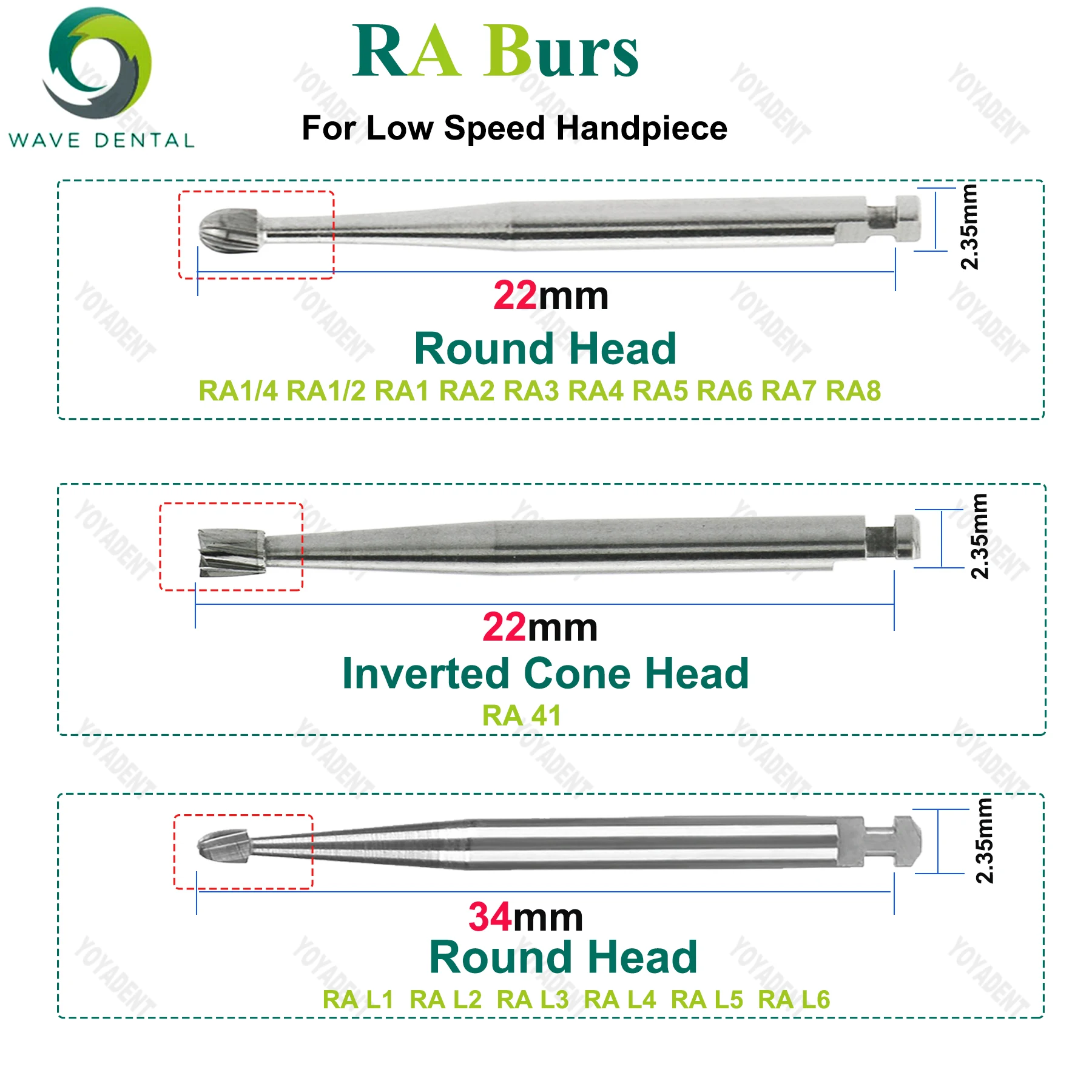WAVE Dental Tungsten Carbide Bur RA Series Inverted Cone Round Ball Head For Low Speed Handpiece Various Dia Dentist Tools