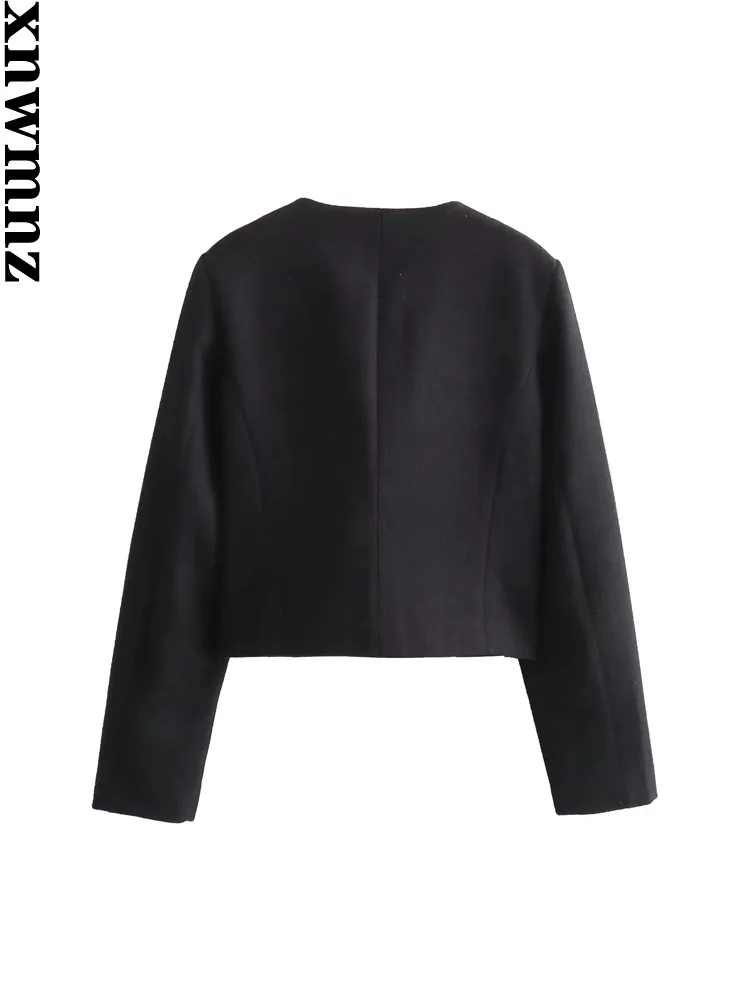 XNWMNZ Women\'s Fashion 2023 Autumn/Winter Flap Pocket Crop Jacket Women Vintage O Neck Long Sleeve Versatile Female Blazer