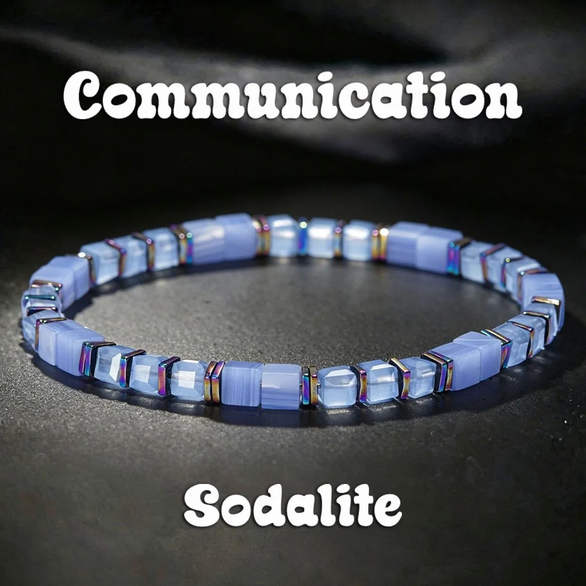 1pc Light Blue Cube Sodalite Bead Communication Bracelet, Iridescent Metal Trim Wrist Jewelry, Daily Anniversary Gift