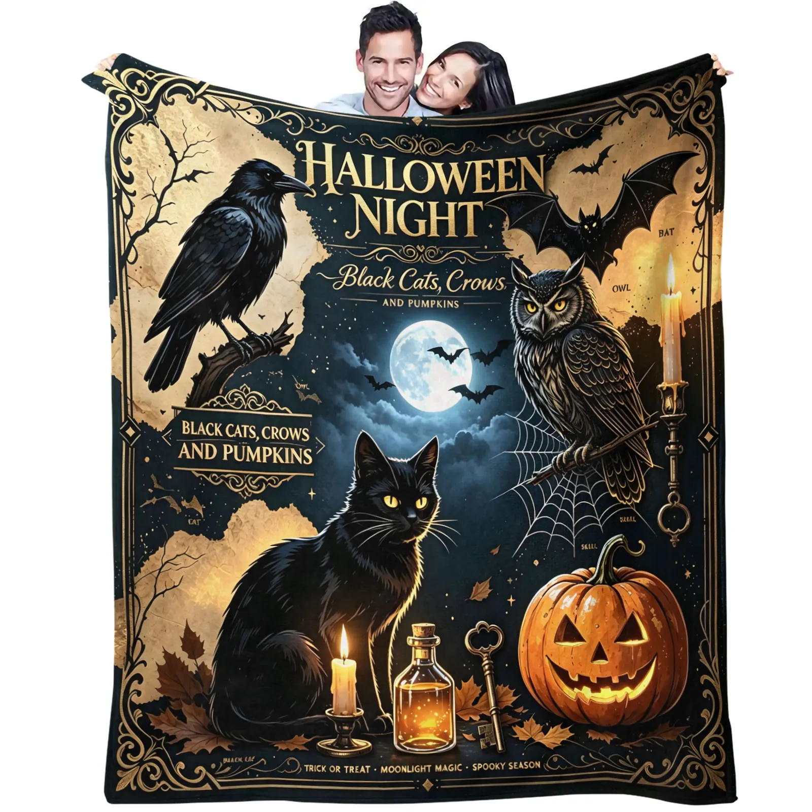 Halloween Night Flannel Throw Blanket Vintage Gothic Black Cat Crow Owl Pumpkin Bat Full Moon Candle Print Soft Plush Blanket
