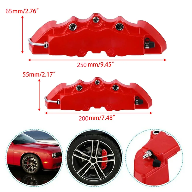 3D Car Disc Brake Caliper Covers Front & Rear Kit Red Car Caliper Cover Decoration Car Auto Brake Caliper Cover Car Accessories