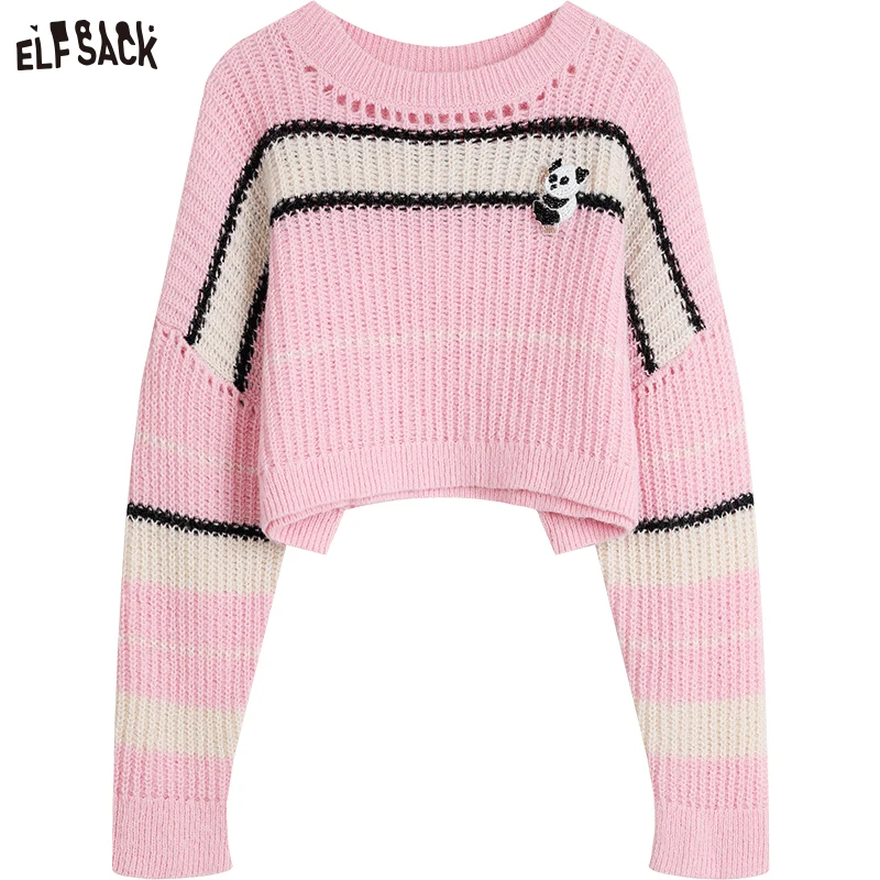 ELFSACK Mohair Short Pink Sweaters Women 2023 Spring Loose Casual Tops