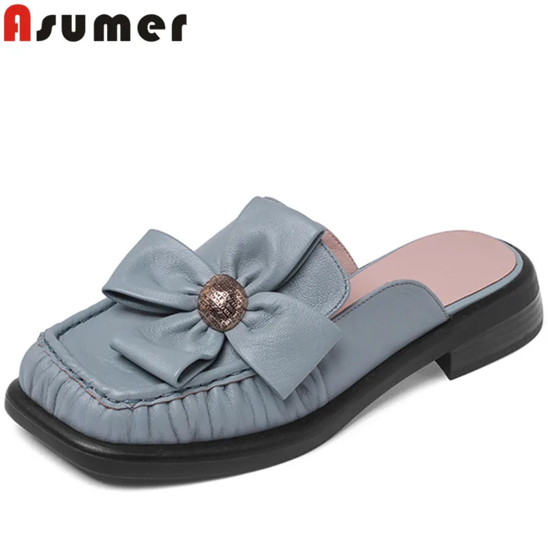 

ASUMER 2022 New Arrive Mules Sheepskin Flower Women Slippers Square Med Heels Slippers Solid Ladies Casual Shoes