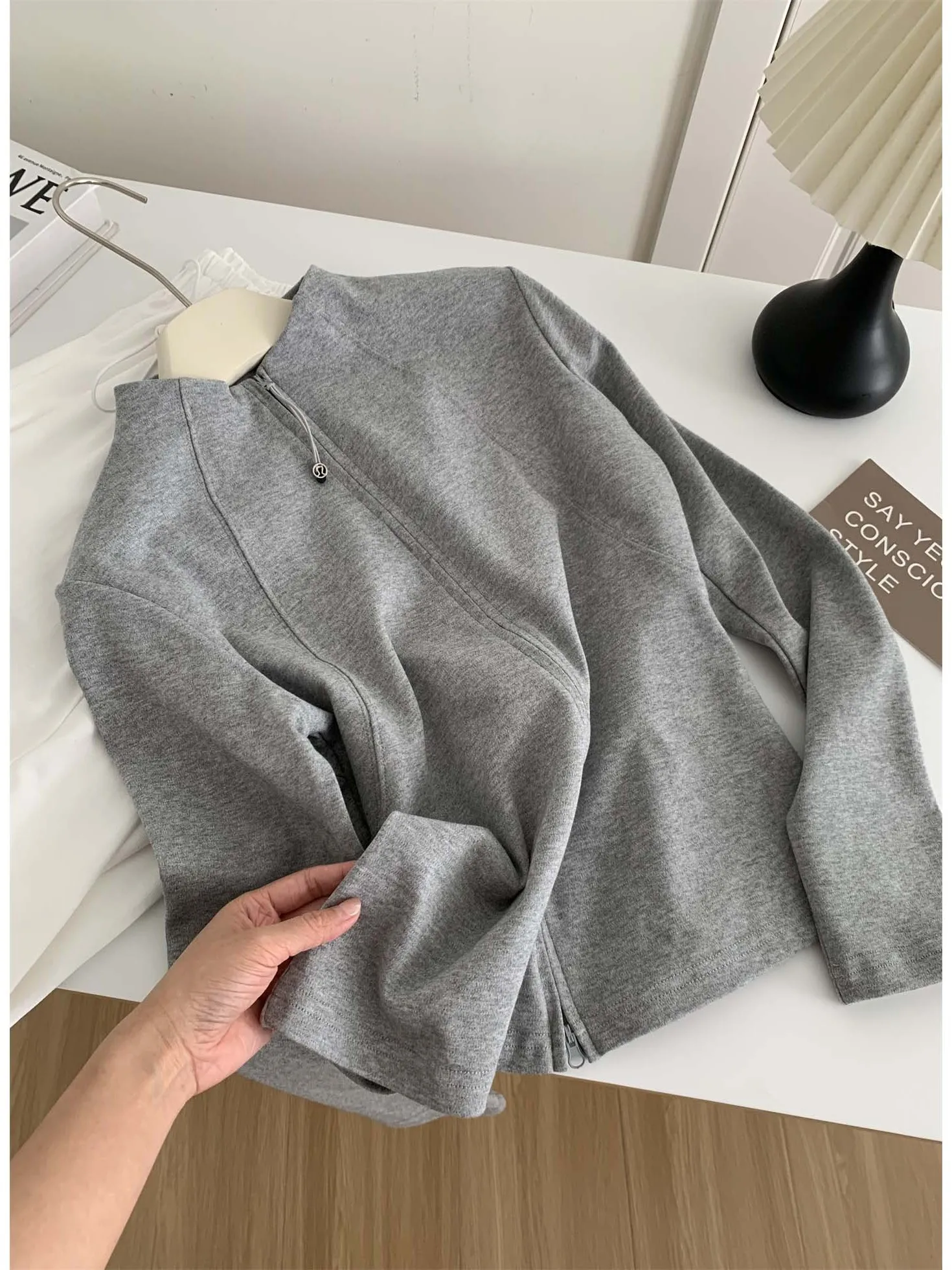 

Ele Long Sve T-irt Women's Base irt Spring Double Zipper Stand Collar Cardigan Outerwear Comfortable Polyester Fiber