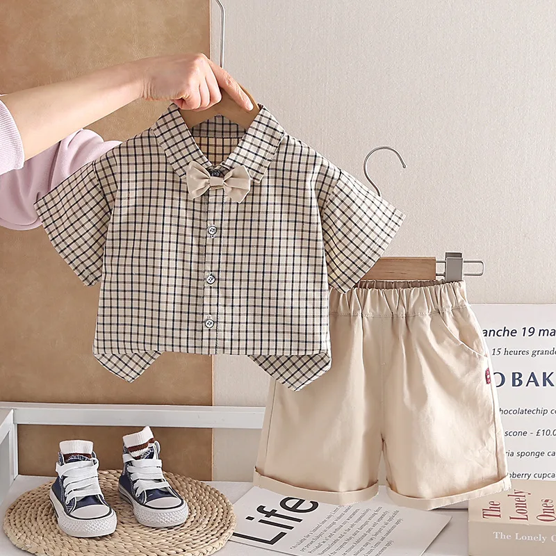 

2026 Summer New Hot Selling Children's Lapel Plaid Tie Short Sleeved Shirt and Shorts Two-piece Set