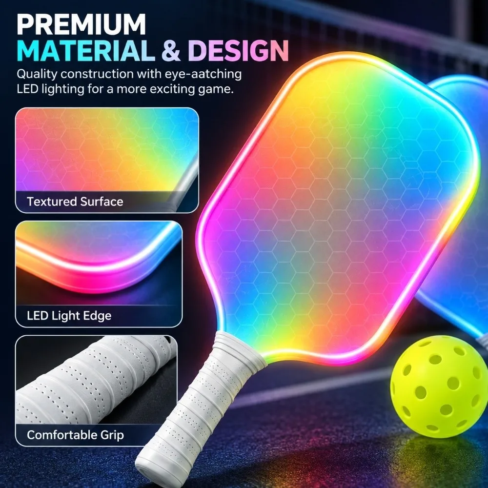 LED Lighting Pickleball Paddles Carbon Fiber Lightweight Pickleball Rackets Comfortable Non-slip Grip Pickle Ball Paddle