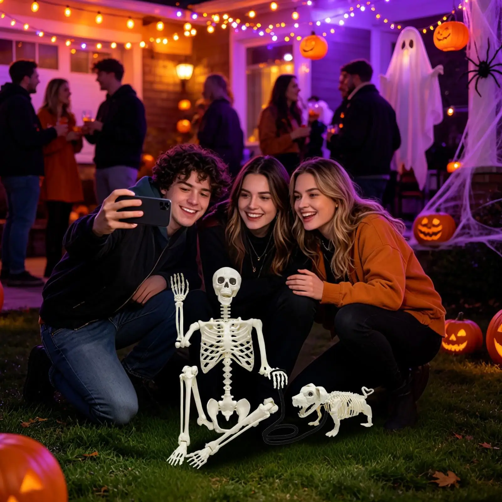 Skeleton Decor Realistic Posable Bones Prop With Dog Skull Life-Size Full Body Realistic Posable Skeleton For Home Outdoor Porch