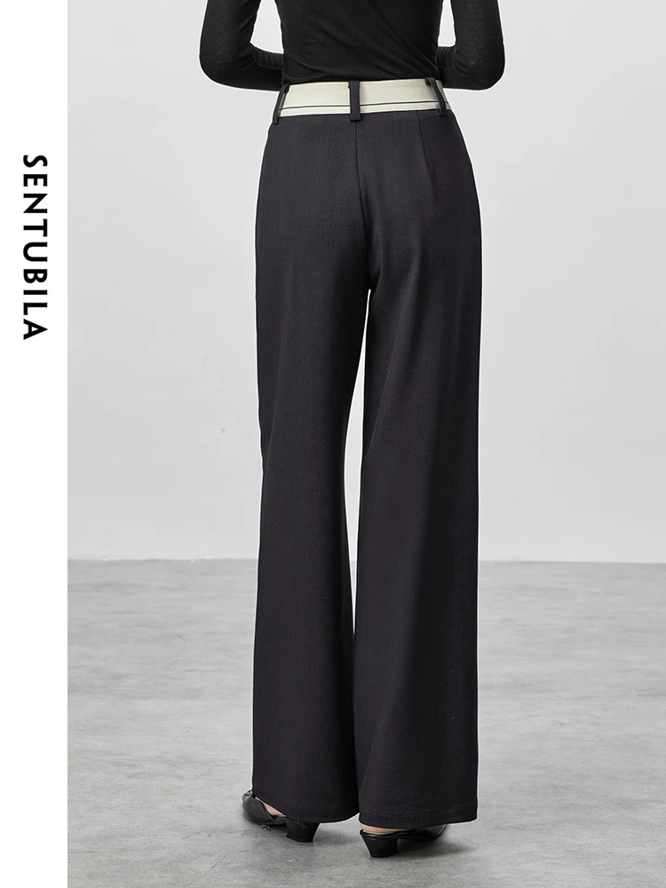 SENTUBILA Women Straight Spliced Pants  2024 Autumn High Waist Folds Wide Leg Pant Office Lady Texture  Trousers 143K55709