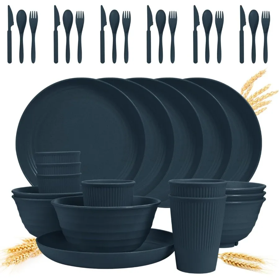 

36 Piece Unbreakable Wheat Straw Dinnerware Sets for Travel and Camping Reusable Plates and Bowls with Cutlery Dishwasher and M