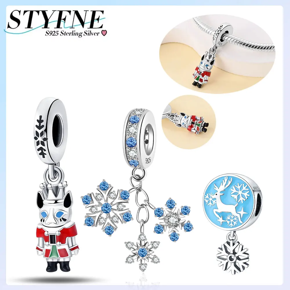 925er Silber vergoldet, Original-Charms, Weihnachten, Nussknacker, Schneeflocke, rund, Schneehirsch, Perlen, passend für Armbänder, Damenschmuck, Geschenk