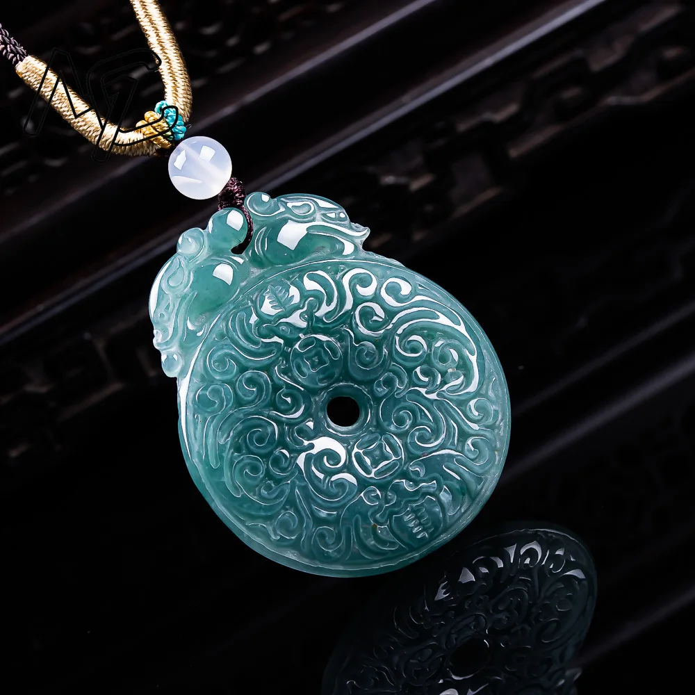 Blue Water Jade Natural Emerald Auspicious Clouds Donut Pendant Necklace Carved Charm Jadeite Jewelry Fashion Gifts Certificate