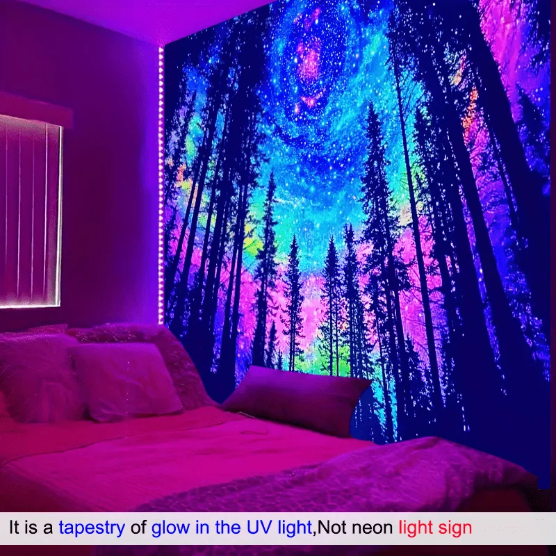 Vivid Cosmic Galaxy Forest Tapestry Wall Hanging Starry Night Nebula Aurora Borealis Woodland Celestial Decor Art