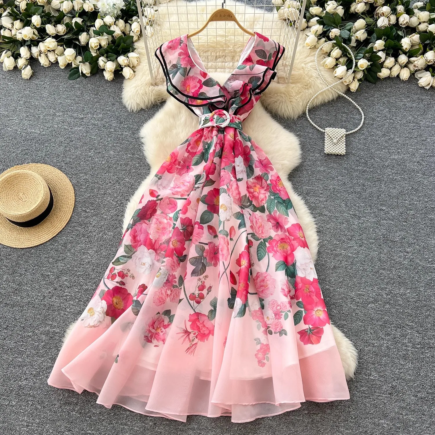 2025 Summer Gorgeous Flower Chiffon Holiday Dress Boho Women's V Neck Sleeveless Ruffles Floral Print Zipper Belt Long Robe