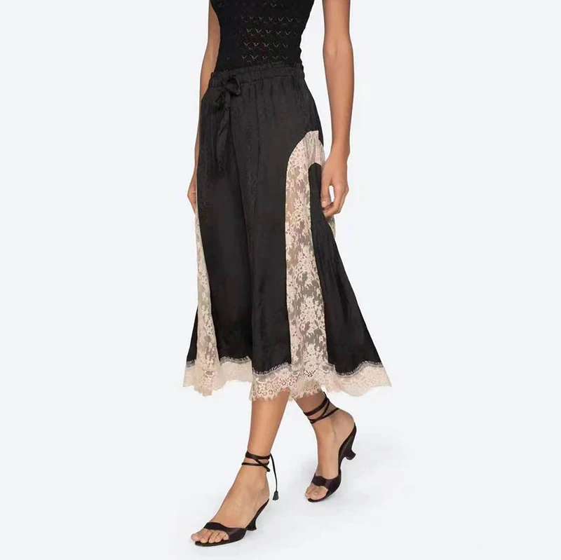 

Elegant Casual Lace Trim Patchwork Pink Seven-Quarter Length Pants Skirt High Waist Trousers for Women Spring Summer New Arrival