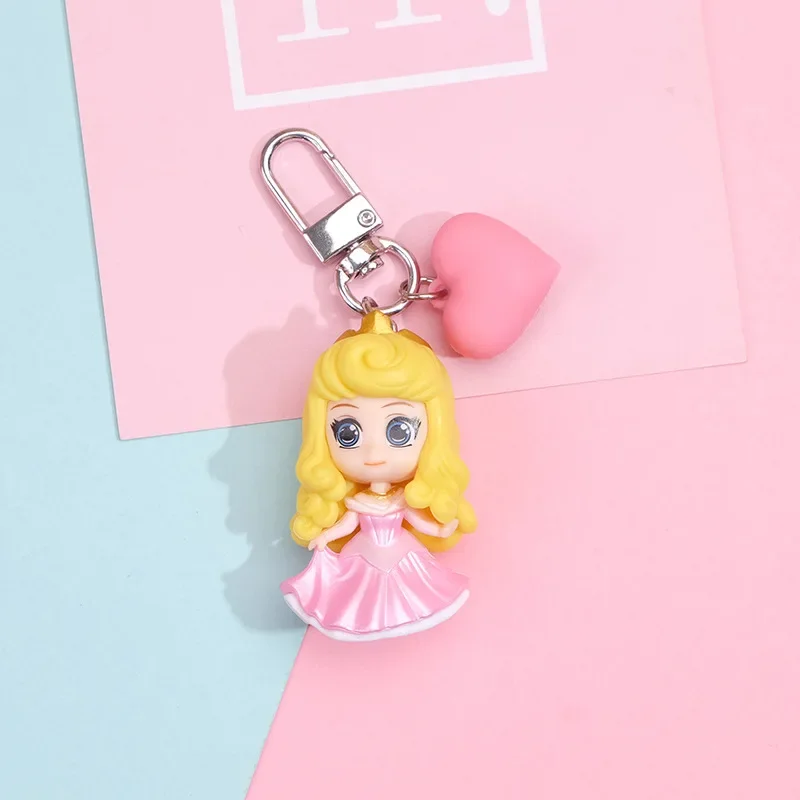 Disney Princess Anime Figure Snow White Ariel Cinderella Rapunzel Aurora Belle Keychain Bag Keyring Children\'s Toy Birthday Gift