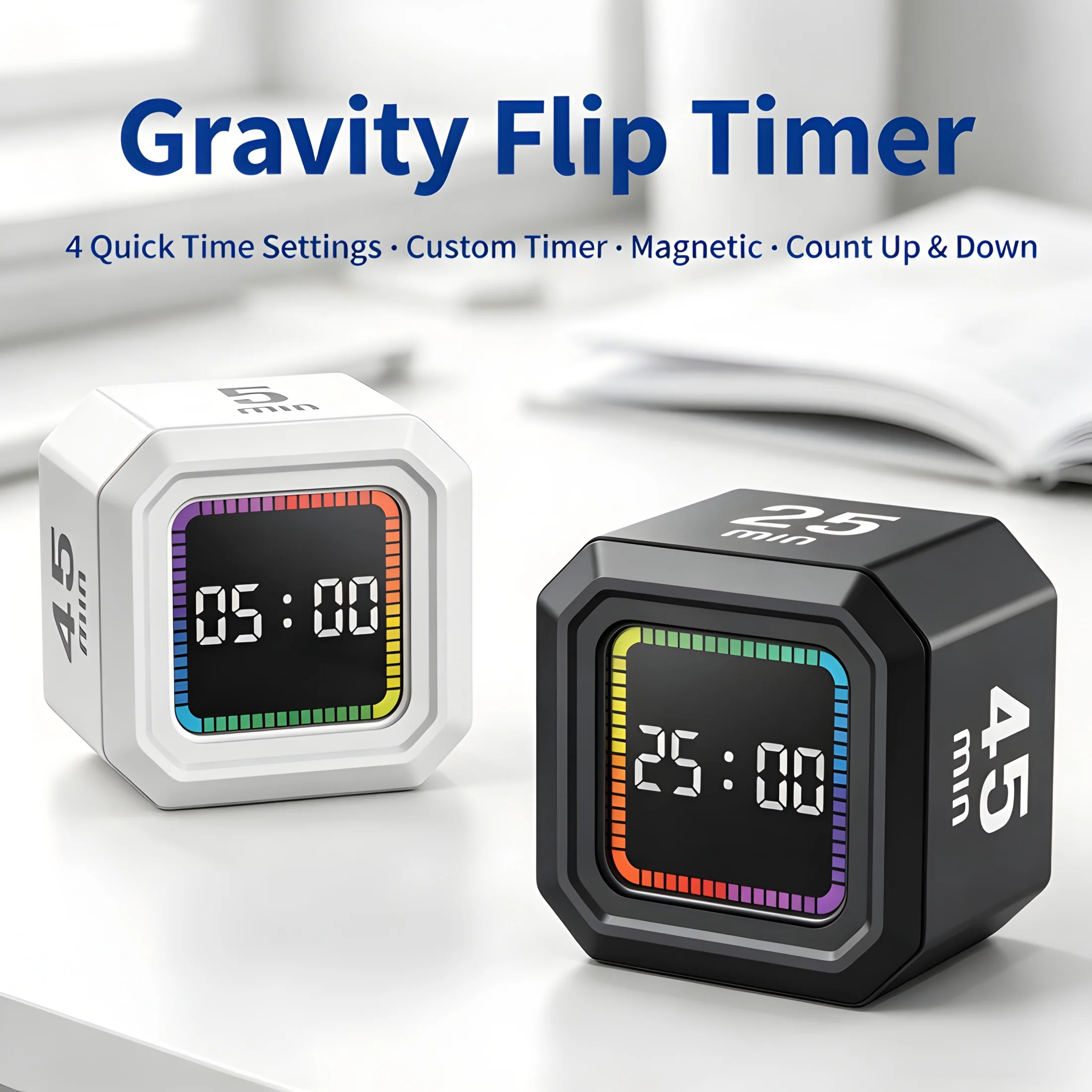 Gravity Flip Timer Cube Visual Countdown Timer with 5/10/25/45 Min Presets Custom Silent Magnetic Study Productivity Timer